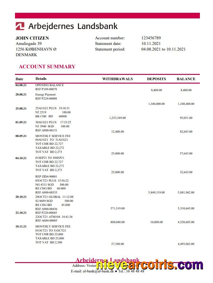 Denmark Arbejdernes Landsbank bank statement easy to fill in Excel and PDF format